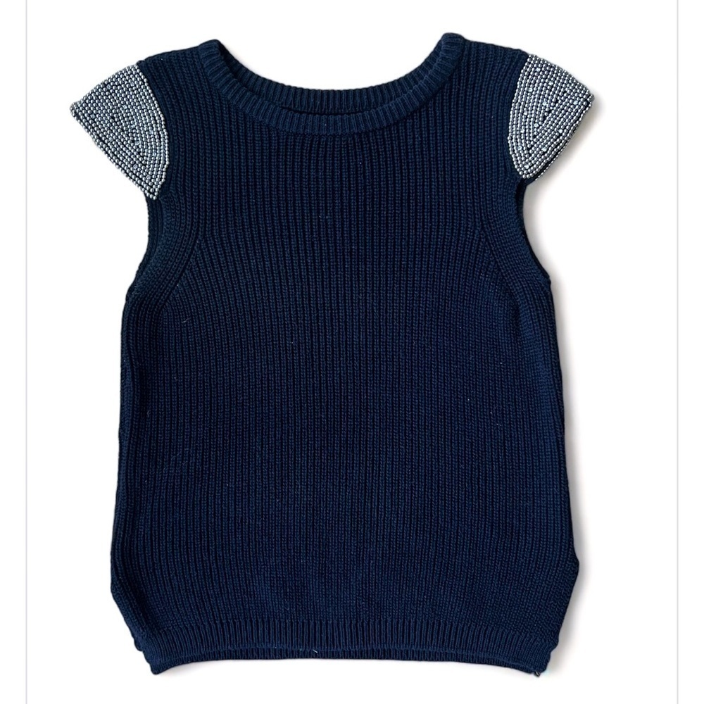 Cotton Knit Beaded Shoulder Top in Black